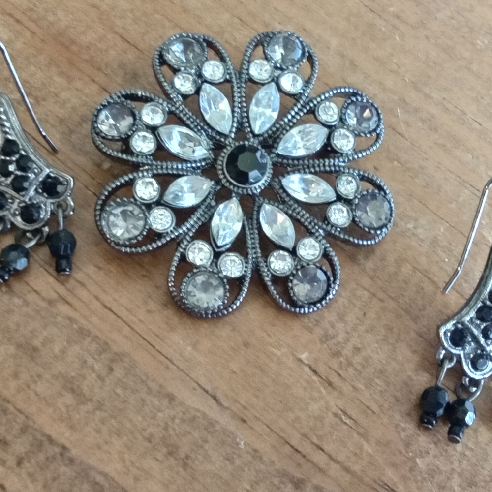 Elegant Silver and Black Floral Brooch And Earring Jewelry Set